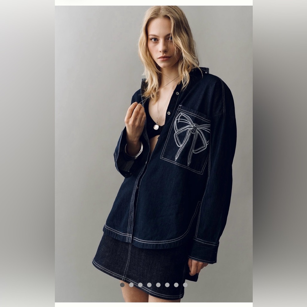 NWT Anthropologie Pilcro Denim Embroidered Bow Button Down Shirt Size MP